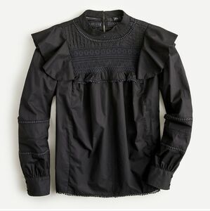 J.Crew Black Crocheted Lace Ruffled Long Sleeved Top Size M